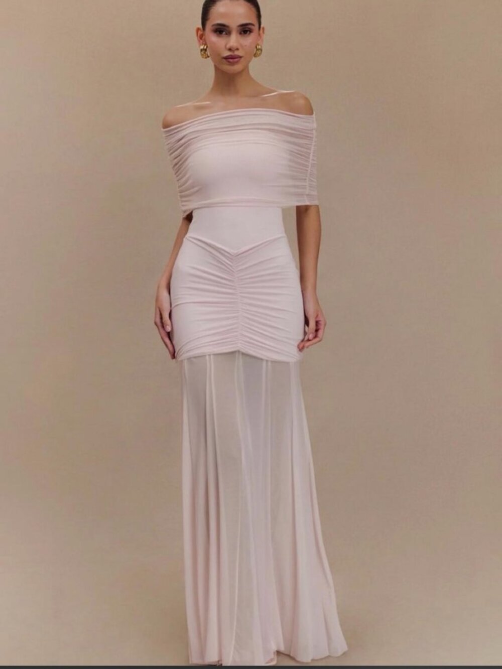 Meshki Off Shoulder Ruched Maxi Dress Pink Size XS